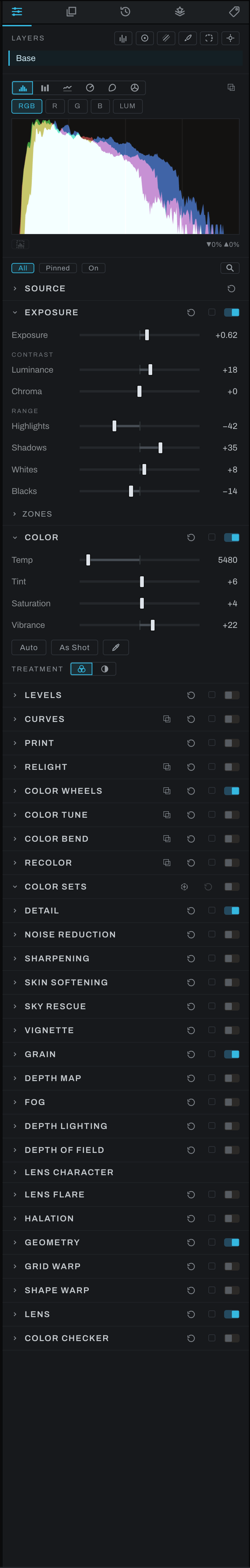 Heeler's adjustments panel with a color histogram and controls for exposure, color, detail, and depth tools.
