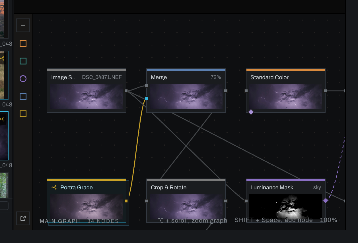 Heeler's node graph with connected image source, merge, color, crop, and luminance mask nodes.